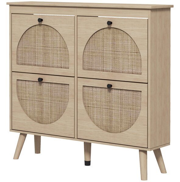 HOMCOM Botník se 4 skládacími zásuvkami pro 20 párů obuvi s nastavitelnou policí, bohémský styl, nohy z masivního dřeva, 105 x 24 x 97,5 cm Přírodní |