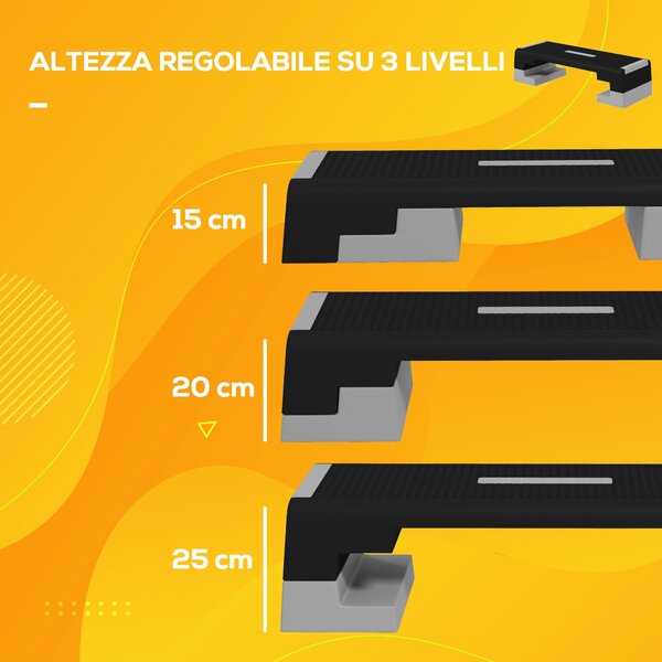SPORTNOW Nastavitelný výškový steper s odnímatelnými schůdky a protiskluzovou základnou, aerobní schod v ABS, 97x36x15/20/25 cm, Šedá | Aosom