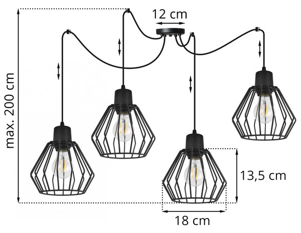 Light for home - Závěsné svítidlo na nastavitelných kabelech SPIDER NUVOLA 2502-4, 4x60W, E27, Černá