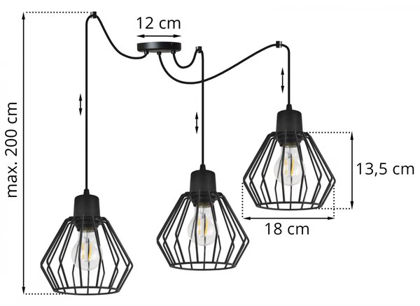 Light for home - Závěsné svítidlo na nastavitelných kabelech SPIDER NUVOLA 2502-3, 3x60W, E27, Černá