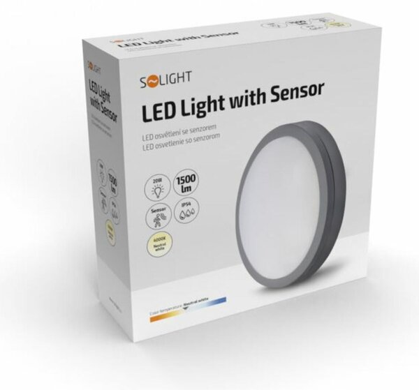 Solight LED venkovní osvětlení se senzorem Siena, šedé, 20W, 1500lm, 4000K, IP54, 23cm WO781-G-M