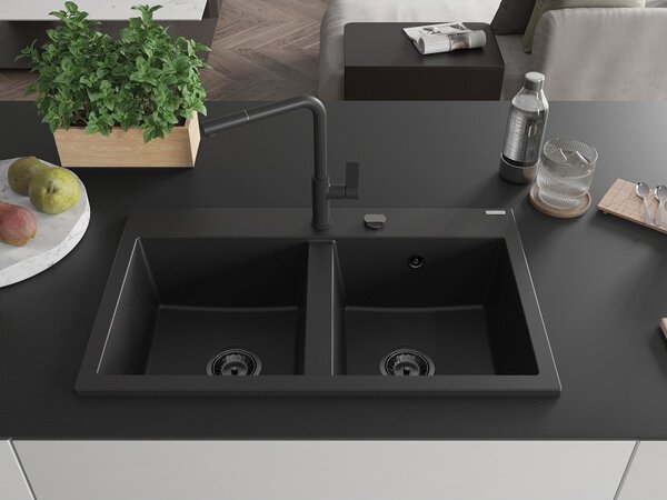 Mexen Hektor, 2-komorový granitový dřez 800x480x205 mm, černá, grafitový sifon, 6521802000-77-B
