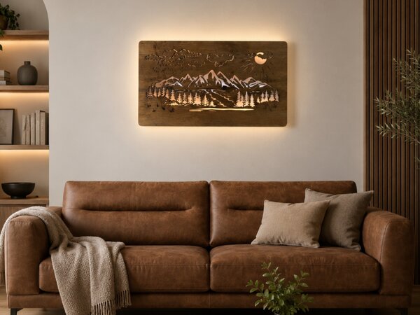 "Hory" světelný obraz s baterií a pohybovým čidlem 80x45cm provedení povrchu: dub světlý
