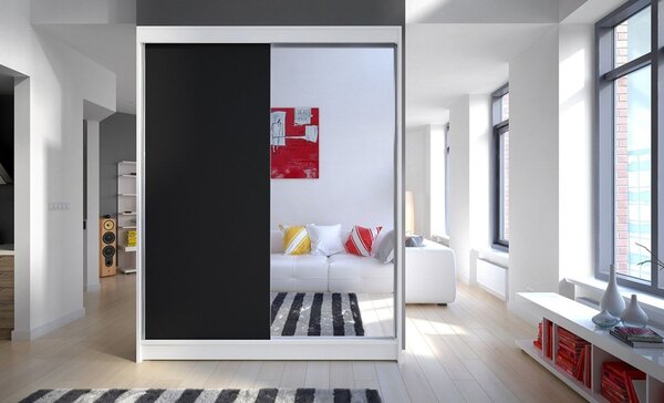Zrcadlová šatní skříň CHANNA 1 - šířka 150 cm, bílá / černá