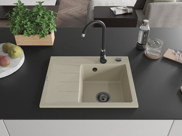 Mexen Ben, 1-komorový granitový dřez 600x500x190 mm, pravý + černý sifon, béžová, 6523605000-69-B