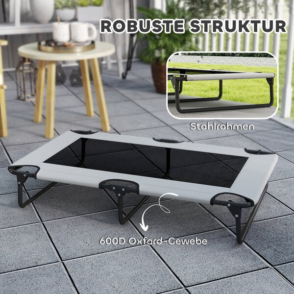 PawHut Vyvýšená Skládací Psí Postel, Zahradní Psí Lehátko s Mřížkovým Designem, Prodyšné, pro Velké Psy Světle Šedá Oxford 107 x 61 x 20 cm | Aosom