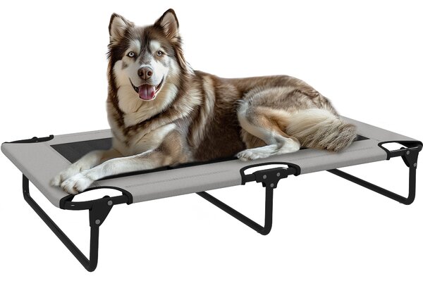 PawHut Vyvýšená Skládací Psí Postel, Zahradní Psí Lehátko s Mřížkovým Designem, Prodyšné, pro Velké Psy Světle Šedá Oxford 107 x 61 x 20 cm | Aosom
