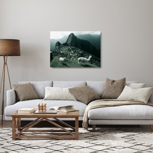 Skleněný obraz - Lamy na Machu Picchu v Peru (70x50 cm)