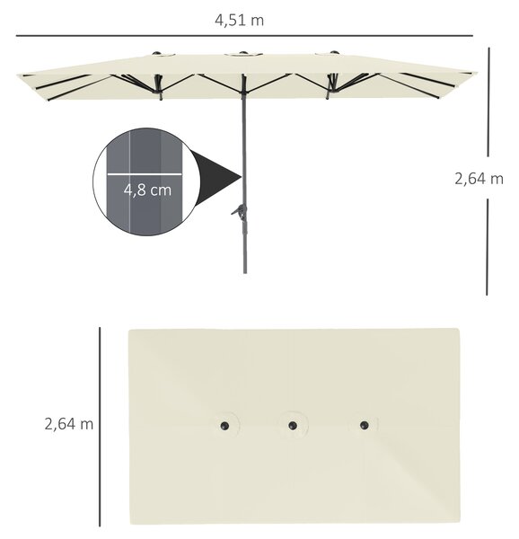 Outsunny Dvoulitrový slunečník s kličkou 451 x 264 cm, UV ochrana 50+, větruodolný zahradní slunečník, balkonový slunečník, hliníkový tržní slunečník