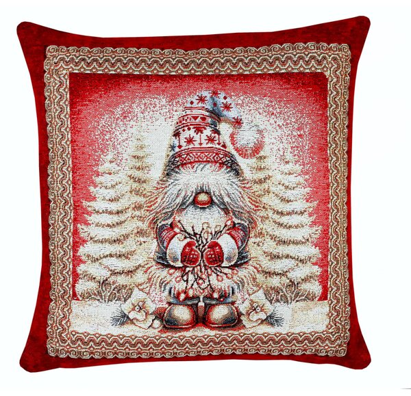 Luxusní vánoční gobelínový povlak na polštář s vánočním skřítkem a zlatou lurexovou nití Barva Vícebarevná Rozměry 42x42 cm