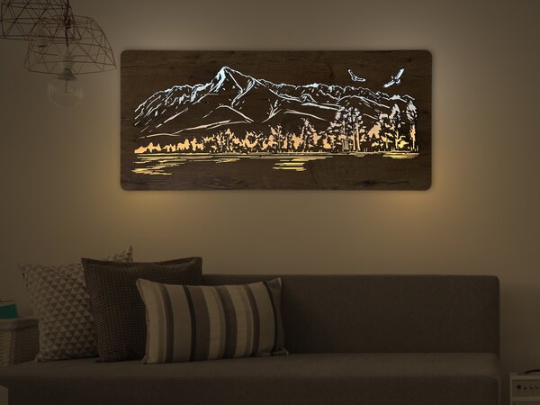 "Hory s ptáky" světelný obraz s baterií 110x50cm varianta ovládání: manuál/pohybové čidlo, provedení povrchu: dub