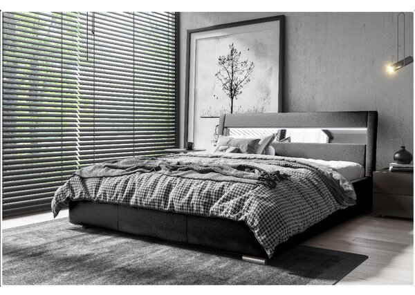 Čalouněná postel s úložným prostorem a osvětlením 160x200 LEXI - černá eko kůže
