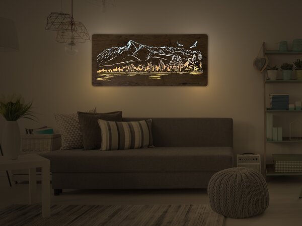 "Hory s ptáky" světelný obraz s baterií 110x50cm varianta ovládání: manuál/pohybové čidlo, provedení povrchu: dub