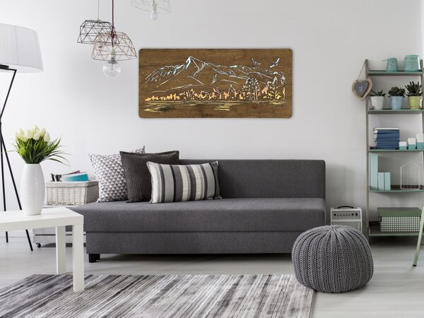 "Hory s ptáky" světelný obraz s baterií 110x50cm varianta ovládání: manuál/pohybové čidlo, provedení povrchu: dub