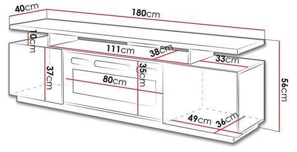 Televizní stolek s krbem SALTA - bílý / lesklý bílý / černý