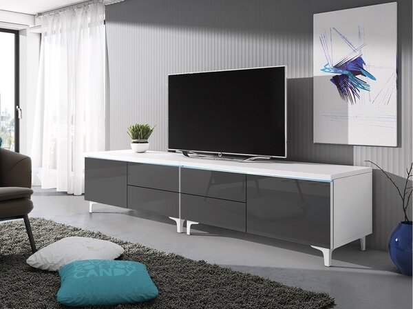 Televizní stolek na nožkách s LED osvětlením FERNS 11 - bílý / lesklý šedý