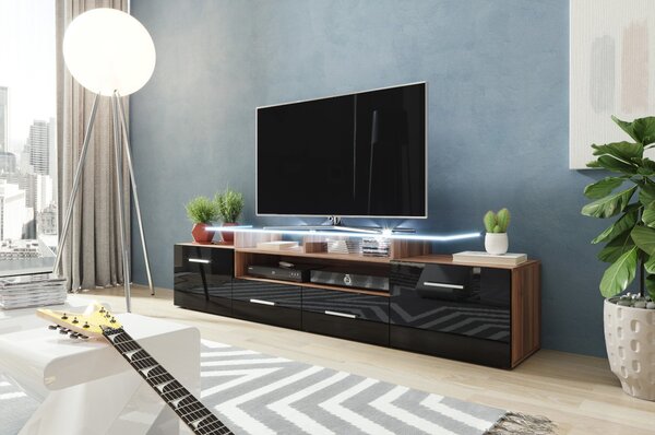 TV stolek s LED bílým osvětlením SOBRAL - švestka / lesklý černý