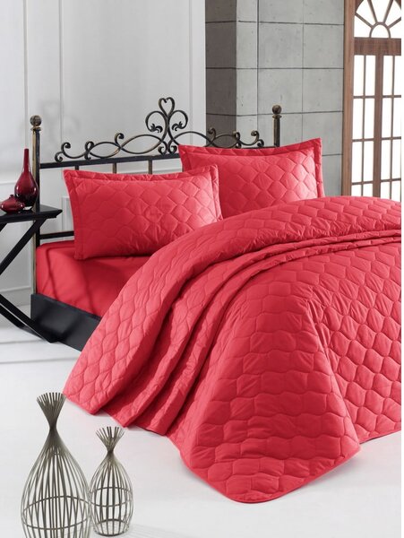 Červený přehoz přes postel se 2 povlaky na polštář z ranforce bavlny EnLora Home Fresh, 225 x 240 cm
