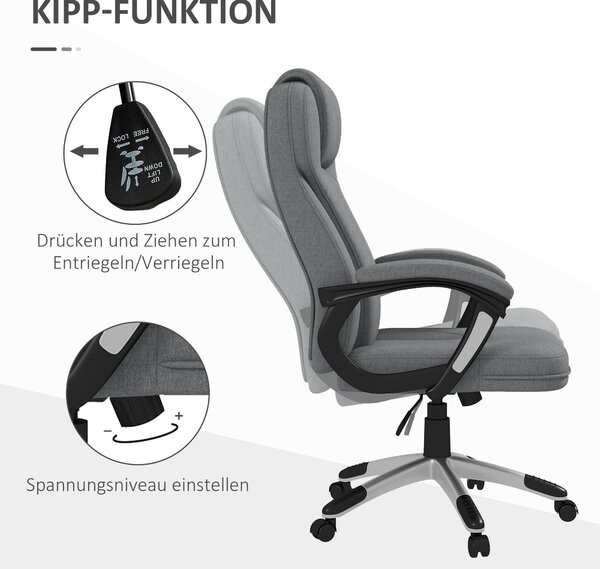 Kancelářská židle Vinsetto - ergonomická otočná židle s nastavitelnou výškou, houpací funkcí, opěrkou hlavy a polstrovanými područkami, šedá lněná, 66