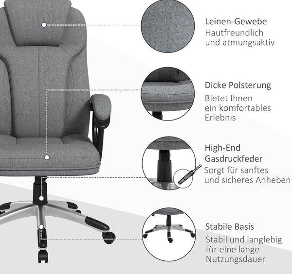 Kancelářská židle Vinsetto - ergonomická otočná židle s nastavitelnou výškou, houpací funkcí, opěrkou hlavy a polstrovanými područkami, šedá lněná, 66