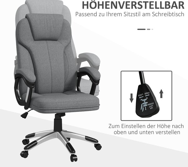 Kancelářská židle Vinsetto - ergonomická otočná židle s nastavitelnou výškou, houpací funkcí, opěrkou hlavy a polstrovanými područkami, šedá lněná, 66