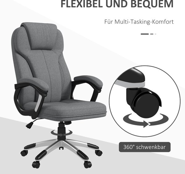 Kancelářská židle Vinsetto - ergonomická otočná židle s nastavitelnou výškou, houpací funkcí, opěrkou hlavy a polstrovanými područkami, šedá lněná, 66