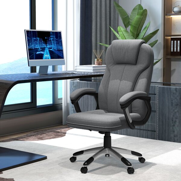 Kancelářská židle Vinsetto - ergonomická otočná židle s nastavitelnou výškou, houpací funkcí, opěrkou hlavy a polstrovanými područkami, šedá lněná, 66