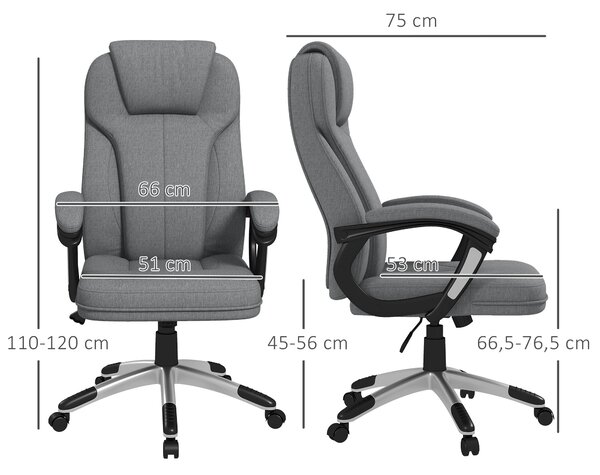 Kancelářská židle Vinsetto - ergonomická otočná židle s nastavitelnou výškou, houpací funkcí, opěrkou hlavy a polstrovanými područkami, šedá lněná, 66