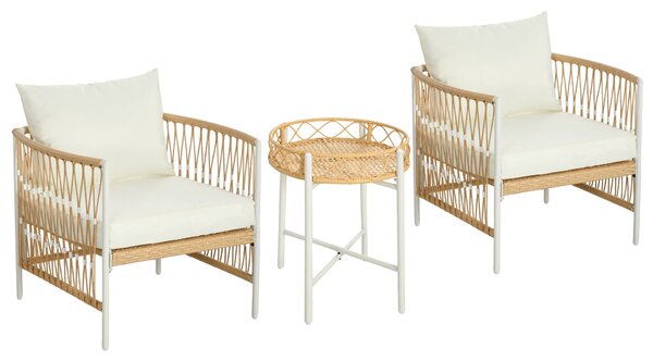 Outsunny 3dílná ratanová zahradní sedačka, patio set se 2 zahradními křesly, konferenčním stolkem, balkonový set s polštáři, žlutý + krémový | Aosom