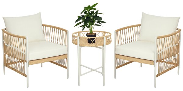Outsunny 3dílná ratanová zahradní sedačka, patio set se 2 zahradními křesly, konferenčním stolkem, balkonový set s polštáři, žlutý + krémový | Aosom