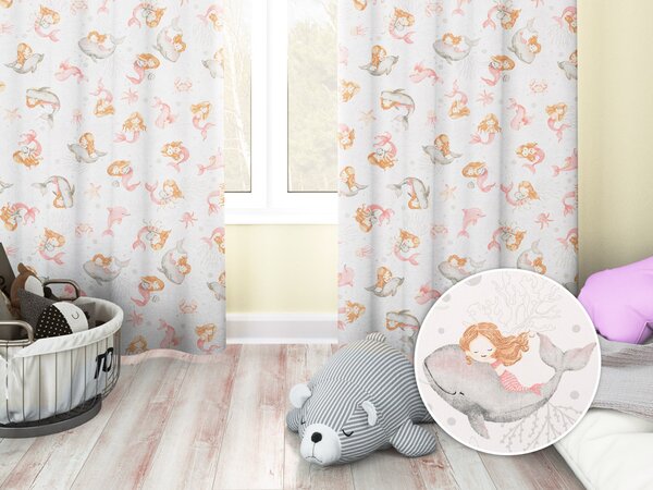 Biante Dětský bavlněný závěs Sandra SA-527 Růžové mořské panny s delfíny a velrybami na bílém 150x140 cm
