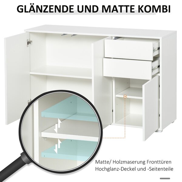 HOMCOM Komoda se 2 šuplíky a 3 dvířky, nastavitelné police, úložná skříňka pro ložnici a obývací pokoj 117 x 36 x 74 cm Bílá | Aosom