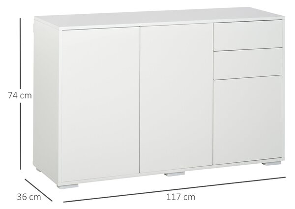 HOMCOM Komoda se 2 šuplíky a 3 dvířky, nastavitelné police, úložná skříňka pro ložnici a obývací pokoj 117 x 36 x 74 cm Bílá | Aosom