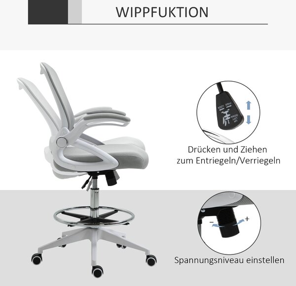 Ergonomická kancelářská židle Vinsetto s sklápěcími opěrkami a nastavitelným kroužkem pod nohy, výškově nastavitelná otočná židle s funkcí naklápění