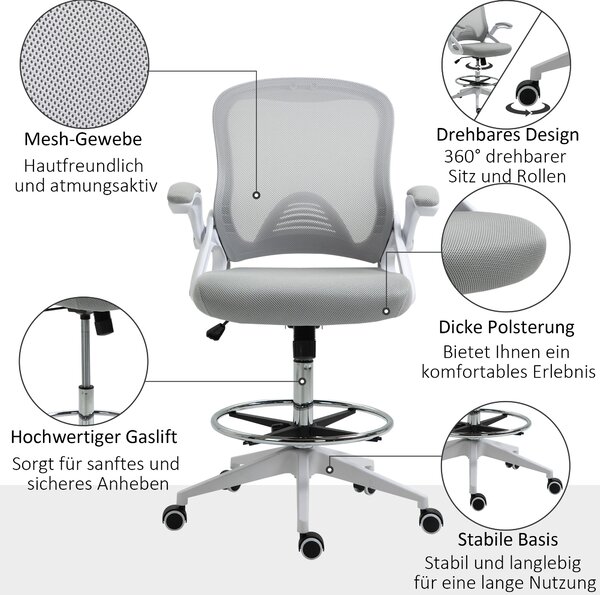 Ergonomická kancelářská židle Vinsetto s sklápěcími opěrkami a nastavitelným kroužkem pod nohy, výškově nastavitelná otočná židle s funkcí naklápění