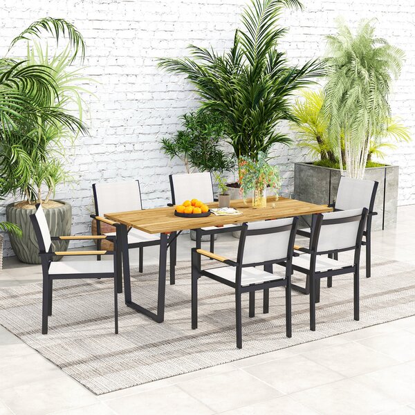 Dřevěný zahradní stůl Outsunny 175x80 cm s otvorem na deštník – Zahradní stůl pro 6 lidí, venkovní jídelní stůl na terasu, balkon, zahradu, hnědý | Ao