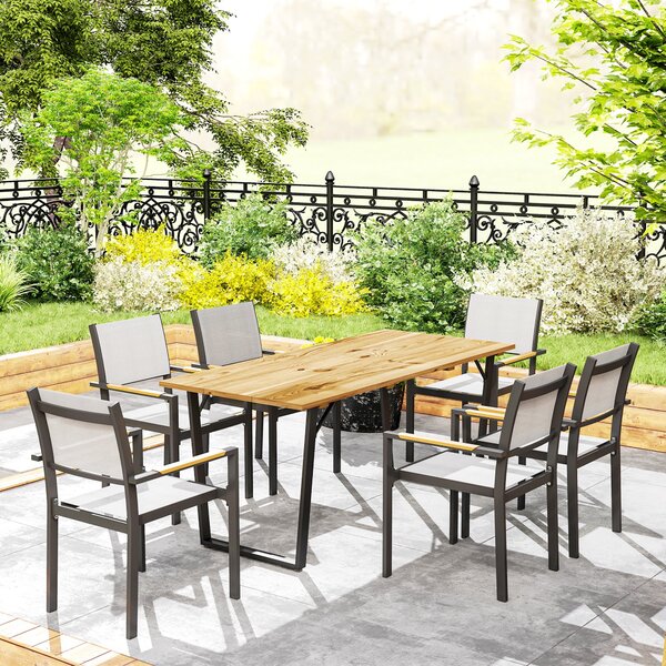Dřevěný zahradní stůl Outsunny 175x80 cm s otvorem na deštník – Zahradní stůl pro 6 lidí, venkovní jídelní stůl na terasu, balkon, zahradu, hnědý | Ao