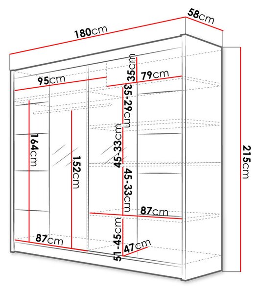 Šatní skříň 180 cm se zrcadlem a LED RGB osvětlením VILMA 5 - bílá