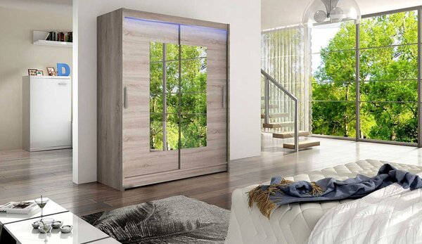 Šatní skříň 150 cm se zrcadlem a LED osvětlením ELADIO 3 - dub lanýž
