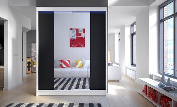 Šatní skříň 150 cm se zrcadlem a LED osvětlením PIRITU 2 - bílá / černá