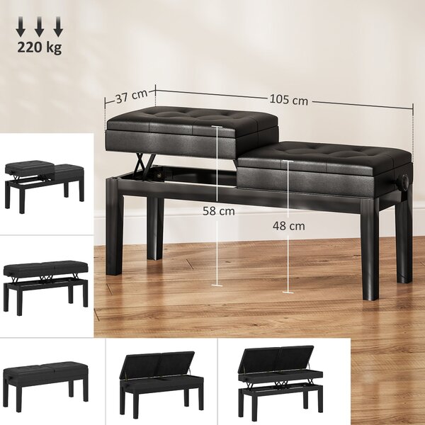HOMCOM Nastavitelný hudební stolička s úložným prostorem, nosnost 220 kg, umělá kůže, černá, 105 x 37 x 48-58 cm | Aosom