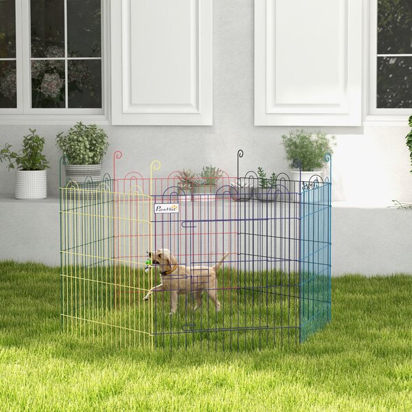 PawHut Ohrada pro štěňata, běžecká dráha pro domácí mazlíčky, 6 kusů 60 cm štěněcí plot, DIY ohrádka, ohrada s dveřmi, kovová, vícebarevná | Aosom