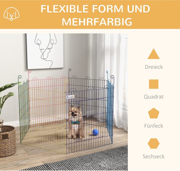 PawHut Ohrada pro štěňata, běžecká dráha pro domácí mazlíčky, 6 kusů 60 cm štěněcí plot, DIY ohrádka, ohrada s dveřmi, kovová, vícebarevná | Aosom