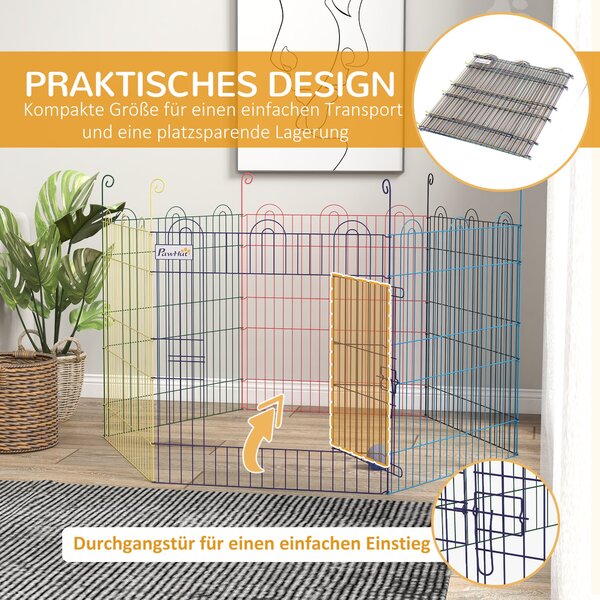 PawHut Ohrada pro štěňata, běžecká dráha pro domácí mazlíčky, 6 kusů 60 cm štěněcí plot, DIY ohrádka, ohrada s dveřmi, kovová, vícebarevná | Aosom