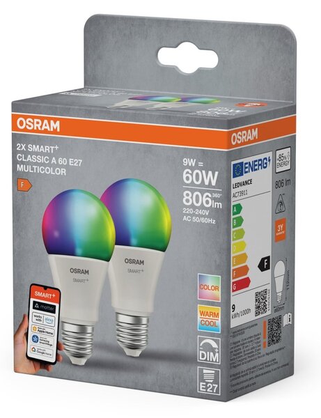 Smart LED žárovka SMART+ MATTER Classic A60, 9W, Nastavitelná bílá + RGB, E27, Duo Pack
