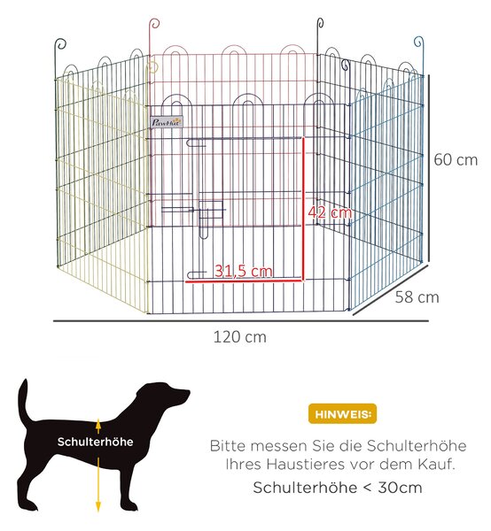 PawHut Ohrada pro štěňata, běžecká dráha pro domácí mazlíčky, 6 kusů 60 cm štěněcí plot, DIY ohrádka, ohrada s dveřmi, kovová, vícebarevná | Aosom
