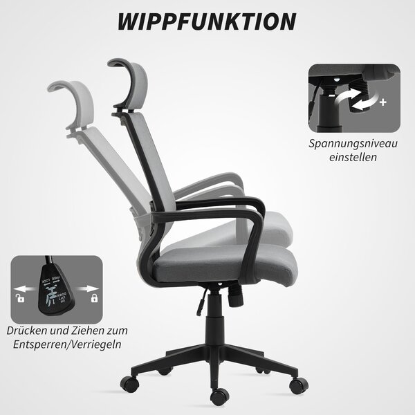 HOMCOM Kancelářská židle, ergonomická stolní židle s opěrkami, opěrkou hlavy, výškově nastavitelná otočná židle s houpací funkcí, počítačová židle s v