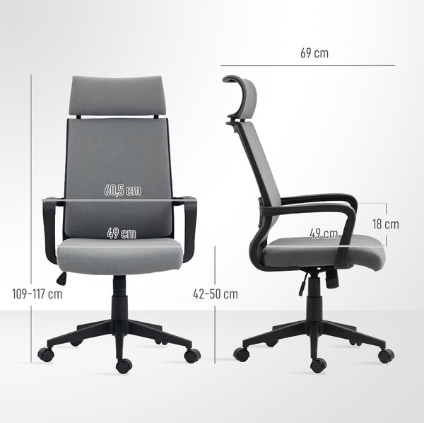 HOMCOM Kancelářská židle, ergonomická stolní židle s opěrkami, opěrkou hlavy, výškově nastavitelná otočná židle s houpací funkcí, počítačová židle s v