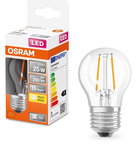 Průhledná mini LED žárovka E27 2,5 W CLASSIC P, teplá bílá