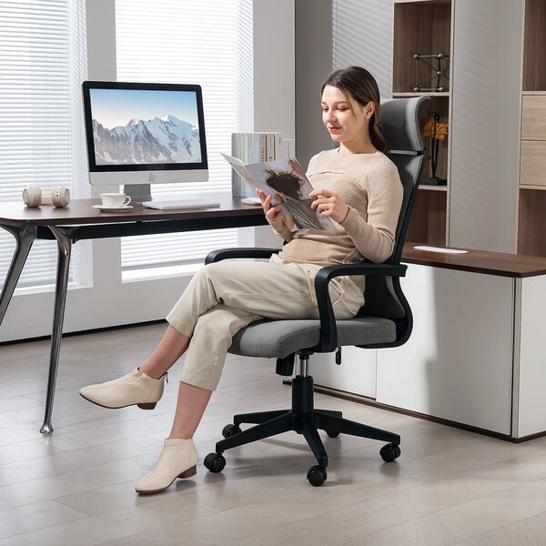HOMCOM Kancelářská židle, ergonomická stolní židle s opěrkami, opěrkou hlavy, výškově nastavitelná otočná židle s houpací funkcí, počítačová židle s v